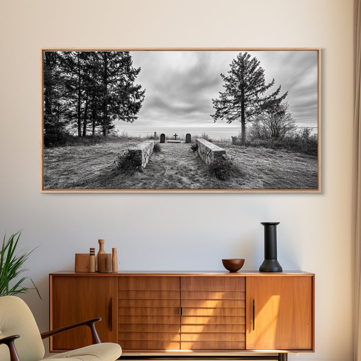 Coastal Graveyard, Moody Seascape, Quiet Reflection Scene, Framed Canvas Print, Gothic Office or Haunted Fall Wall Art Decor, Hallway Wall Art