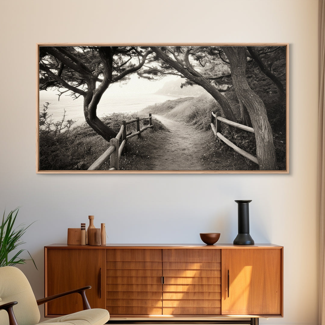Ocean Cliff Path, Framed Trail Trees, Coastal Escape Scene, Framed Canvas Print, Boho Bedroom or Peaceful Hallway Wall Art, Entryway Accent