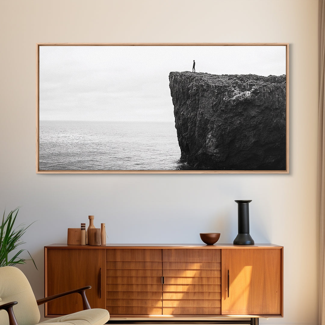 Ocean Cliff, Brave Explorer, Minimal Landscape, Adventure Wall Art, Framed Canvas Print, Modern Home Decor, Inspirational Office Art