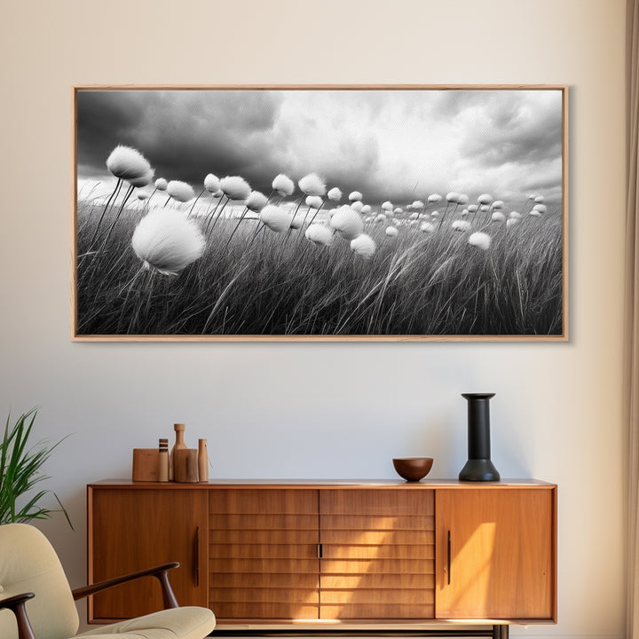 Cotton Grass Field, Stormy Sky Art, Botanical Monochrome, Minimalist Nature Print, Framed Canvas Print, Bedroom Wall Art, Nordic Style
