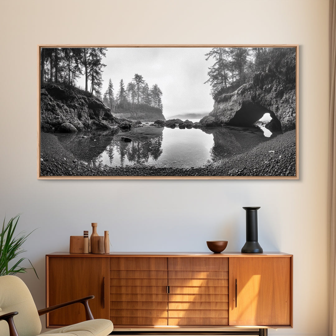 Coastal Cave Reflections, Misty Tidepool Scene, Moody Nature Landscape, Canvas Print, Living Room Wall Art, Black And White Art