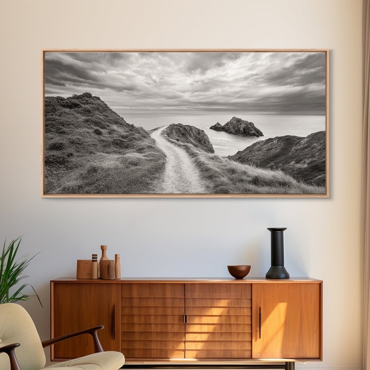 Coastal Cliff Path, Ocean View Trail, Windswept Grass Art, Seaside Wall Decor, Framed Canvas Print, Bedroom Art, Nature Lover Gift