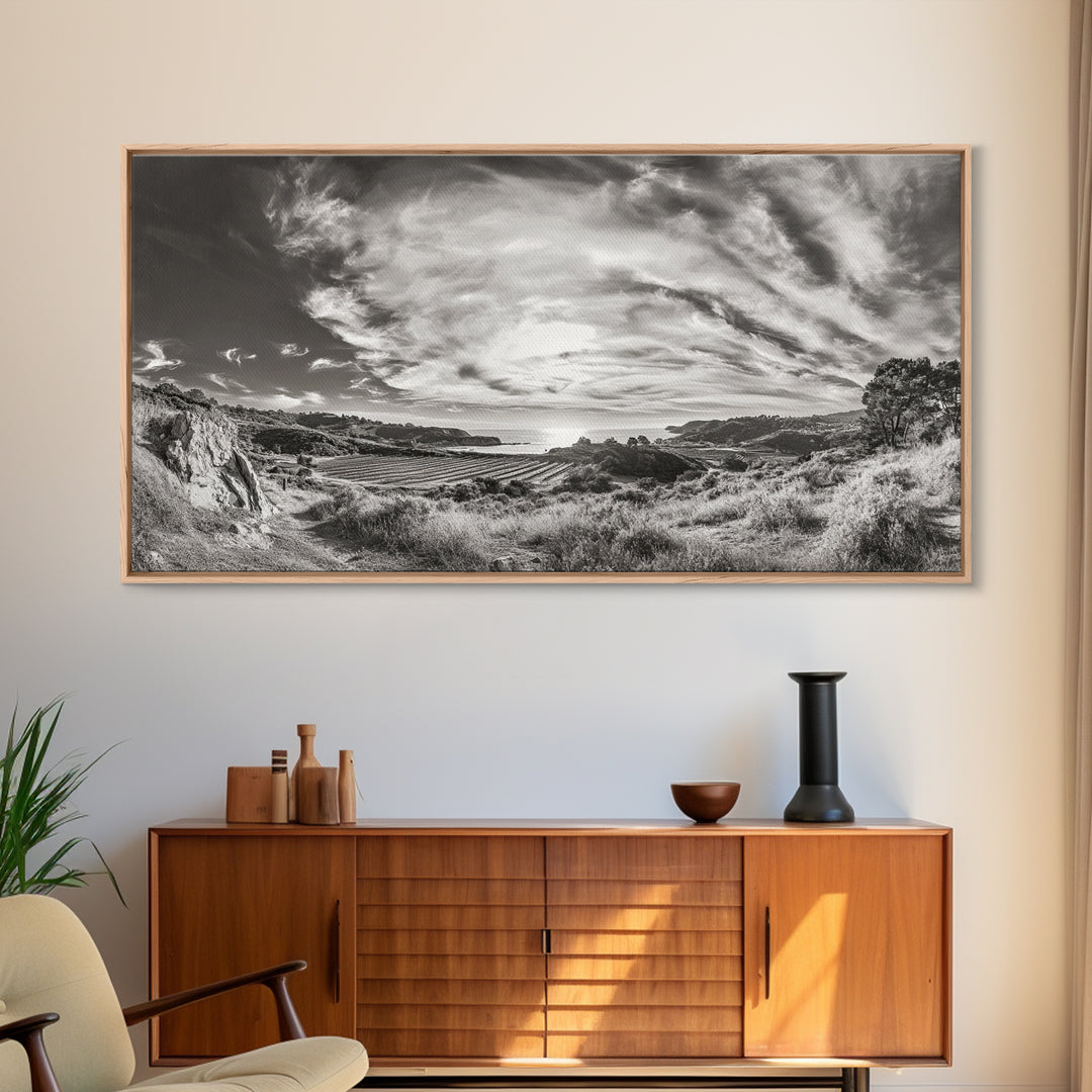 Coastal Hillside Sunset, Vineyard Ocean View, Rolling Landscape Art, Framed Canvas Print, Kitchen Wall Art, California Scenery