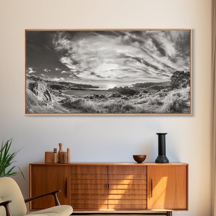 Coastal Hillside Sunset, Vineyard Ocean View, Rolling Landscape Art, Framed Canvas Print, Kitchen Wall Art, California Scenery