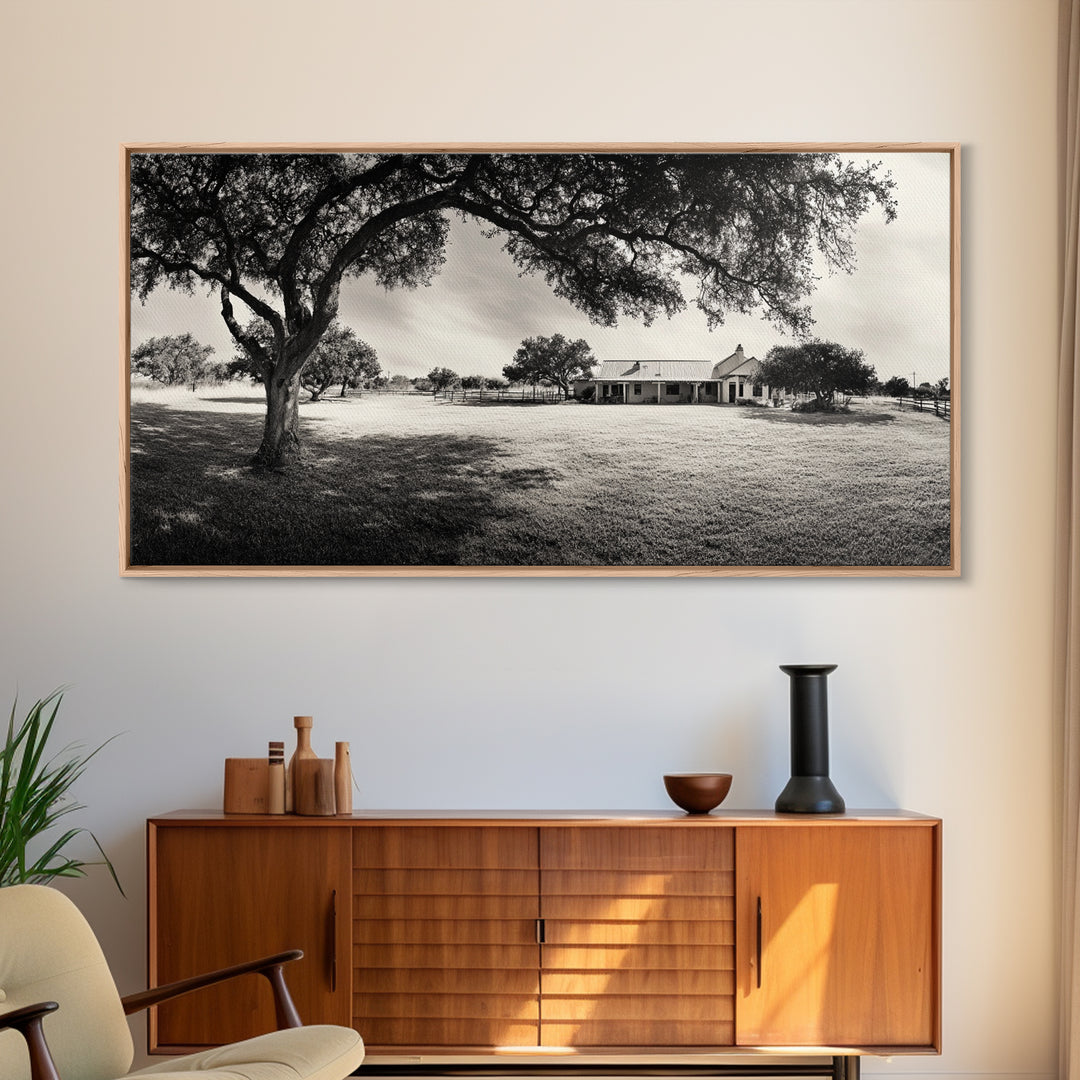 Country Farmhouse Shade, Texas Ranch Home, Oak Tree Horizon, Framed Canvas Print, Rustic Decor, Entryway or Dining Room Art