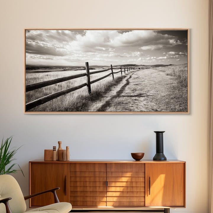 Countryside Fence Trail, Rolling Hills Walk, Prairie Path View, Framed Canvas Print, Western Art, Fall Wall Decor, Office Wall Art