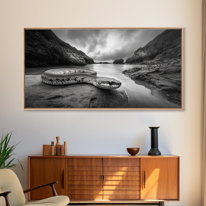 Ocean Snake Landscape, Coastal Creature Scene, Black and White Reptile, Framed Canvas Print, Moody Art, Bedroom or Den Decor
