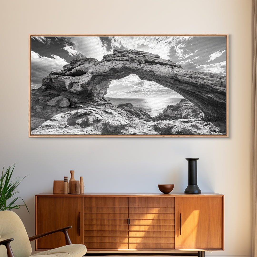 Natural Rock Arch, Seaside Cliff View, Desert Coastal Window, Framed Canvas Print, Boho Earth Tones, Living Room Wall Decor