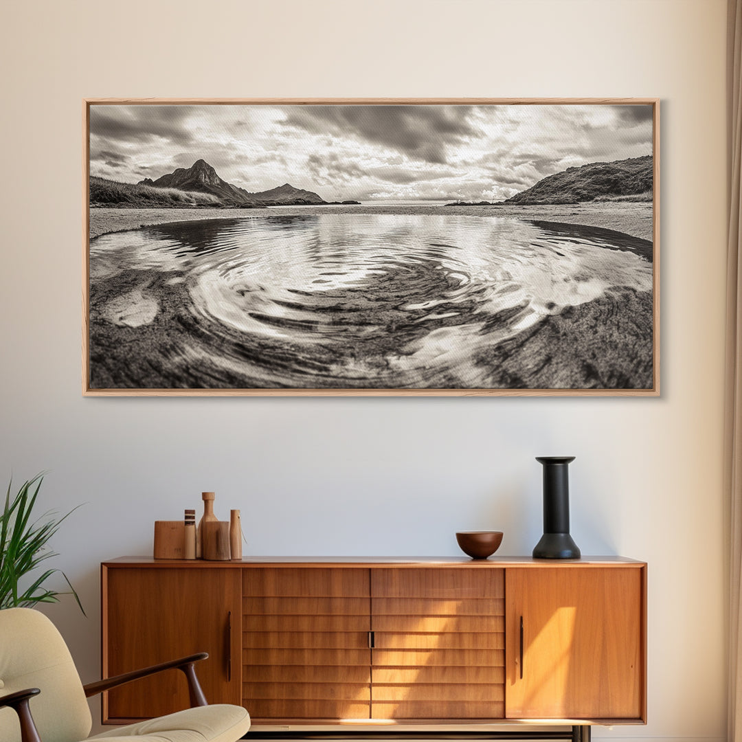 Rippled Water, Mountain View, Serene Beach, Nature Landscape, Canvas Print, minimalist art, spa decor, Scandinavian wall accent