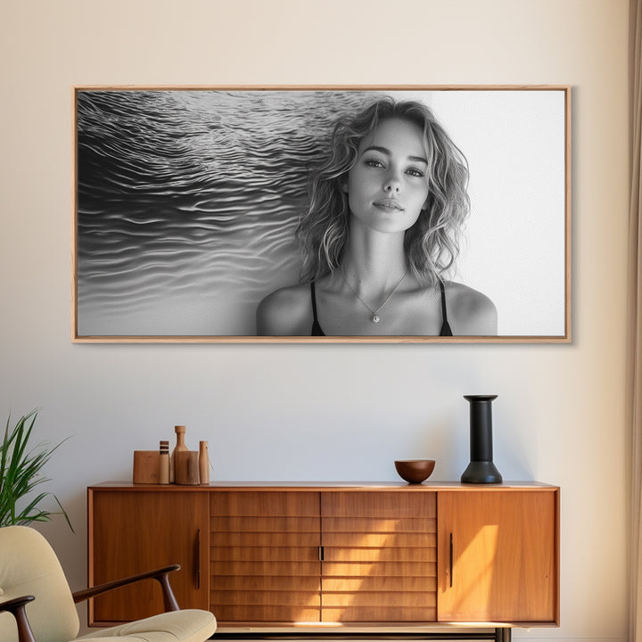 Ocean Texture, Abstract Waves, Modern Female, Artistic Portrait, Canvas Print, fashion wall art, glam room decor, minimal black white