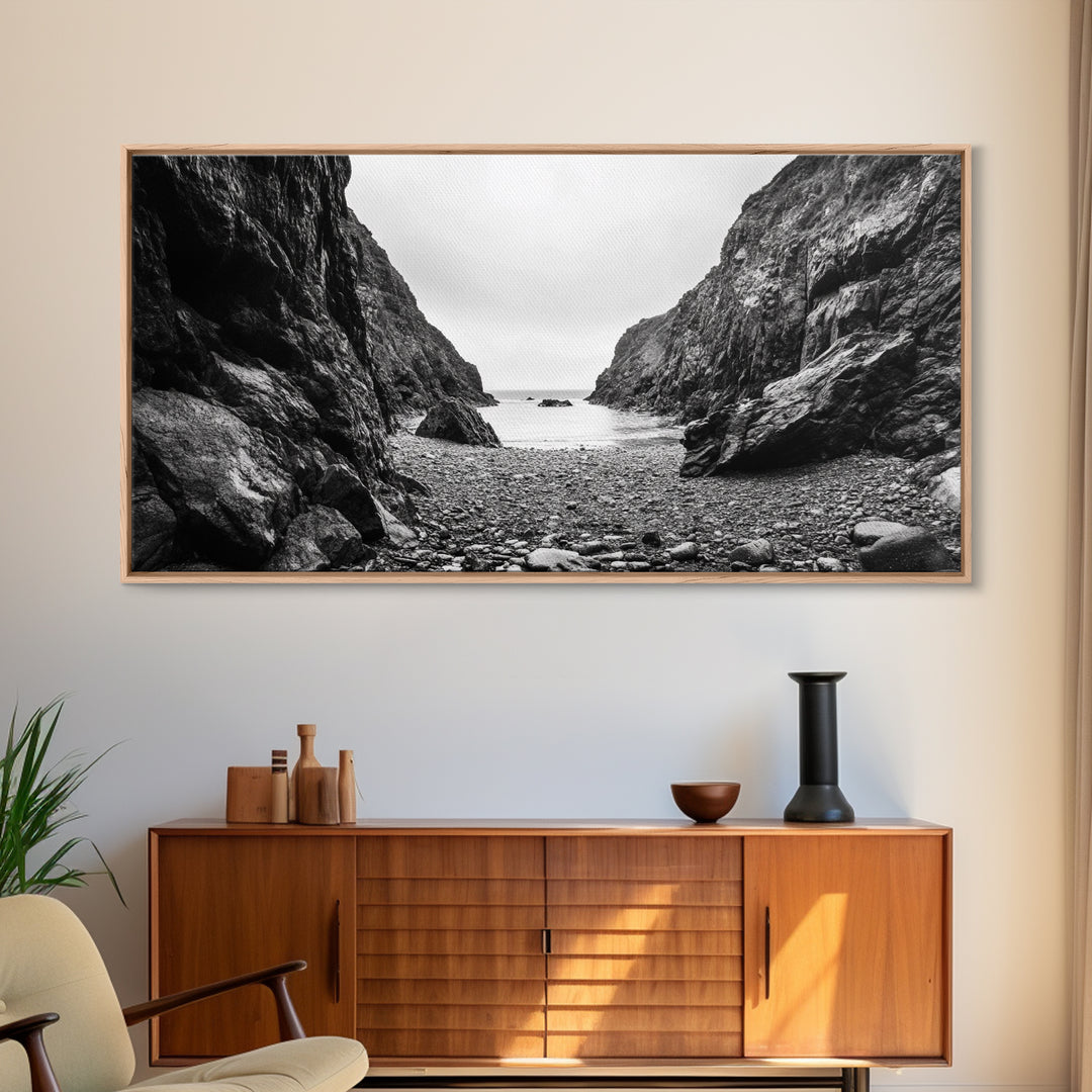 Rocky Cove, Ocean Gap, Cliffside Path, Secluded Coast, Framed Canvas Print, adventure wall art, man cave, grayscale wilderness print