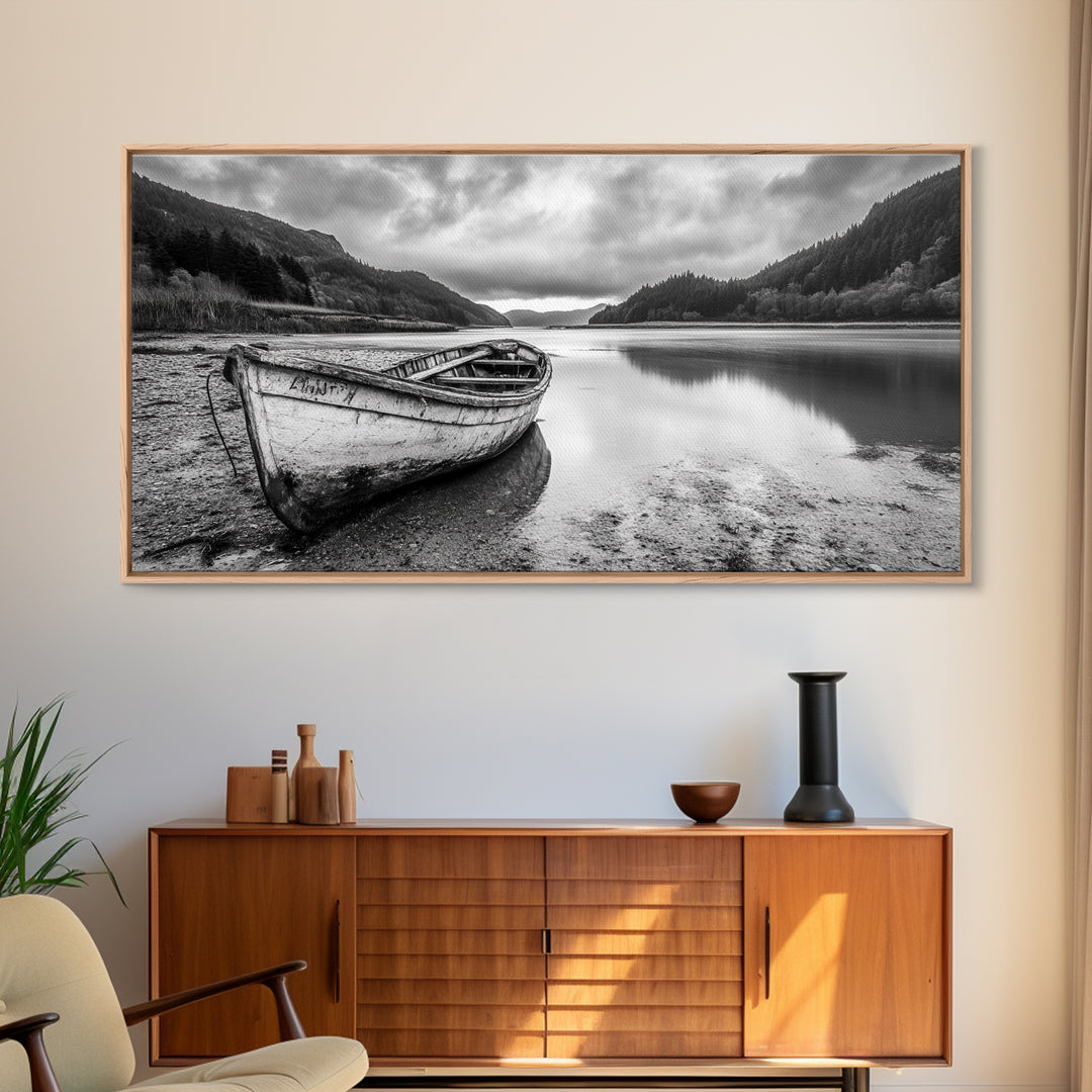 Abandoned Boat, Mountain Lake, Moody Shore, Nature Reflections, Framed Canvas Print, cabin wall art, explorer decor, grayscale nature