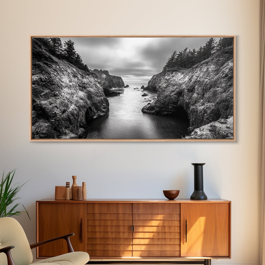 Ocean Passage, Cliff Channel, Rugged Coast, Forest Horizon, Canvas Print, dramatic nature art, large wall piece, hallway landscape art