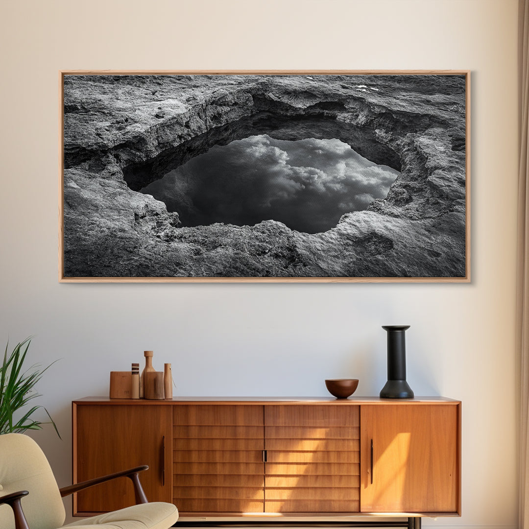 Sky Reflection, Stone Pool, Abstract Nature, Moody Minimalist Art, Framed Canvas Print, Bedroom Wall Art, Contemporary Monochrome Decor