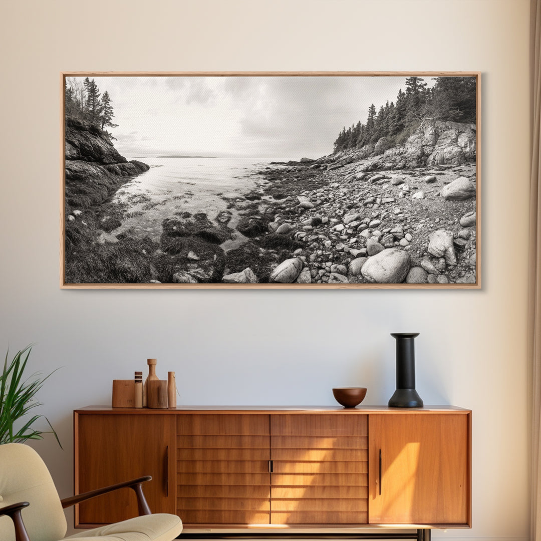 Rocky Coast, Forest Edge, Tranquil Shoreline, Earthy Landscape Scene, Canvas Print, Neutral Home Decor, Rustic Cabin Wall Art