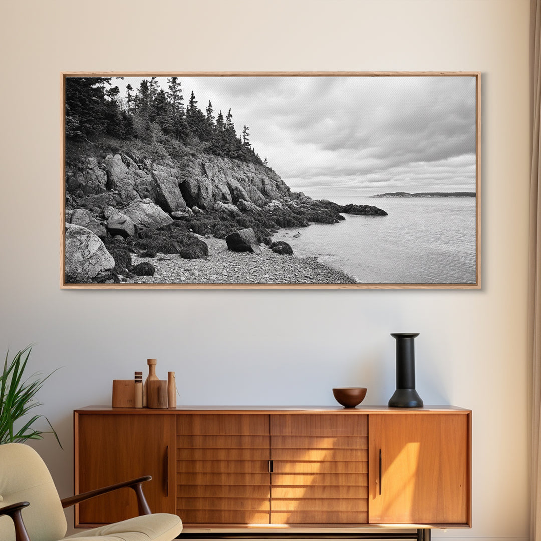 Rocky Shore, Coastal Forest, Black White Landscape, Nature Wall Decor, Framed Canvas Print, Cabin Living Room Art, Fall Inspired Scene
