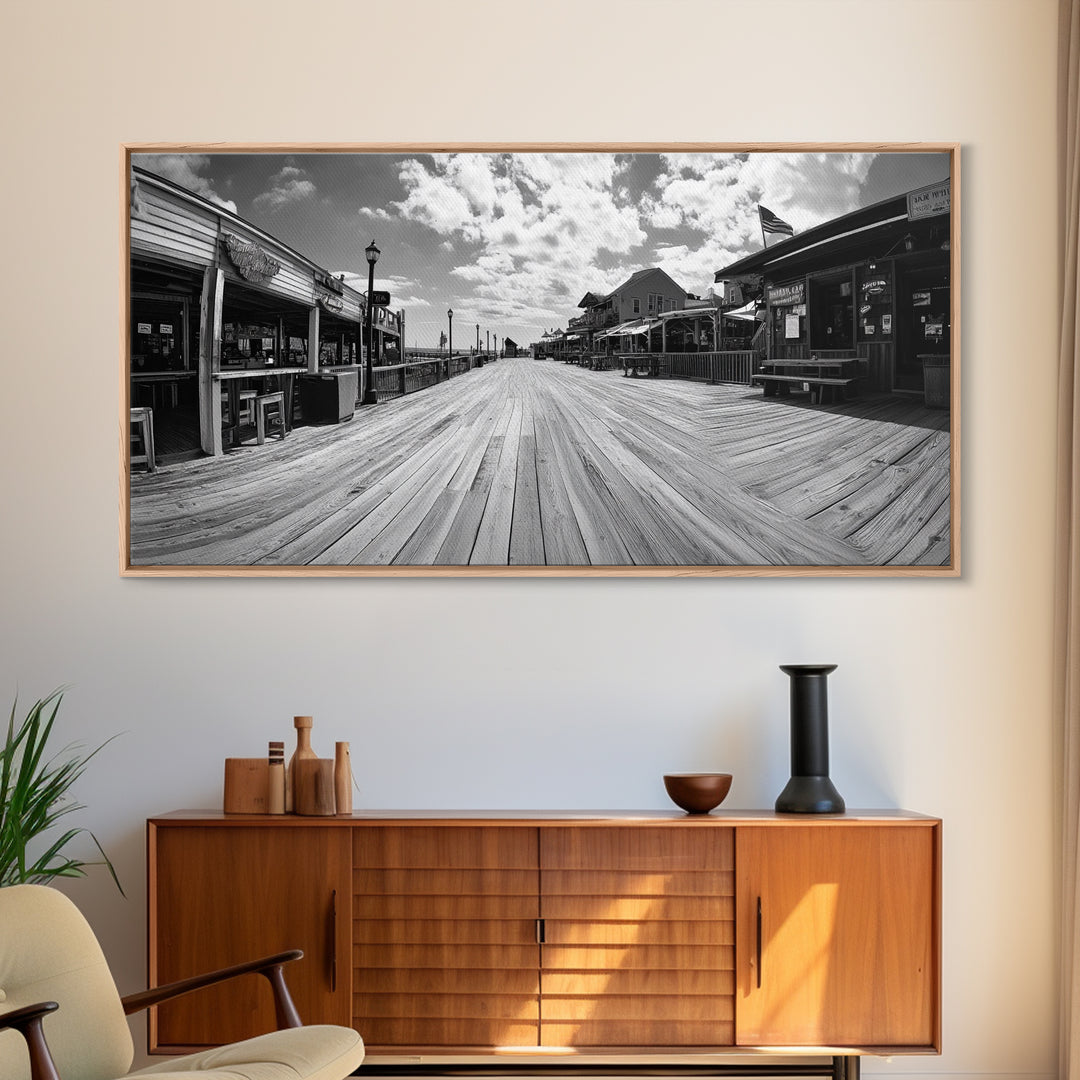 Boardwalk View, Beach Shops, Summer Scene, Coastal Town, Framed Canvas Print, Nautical Wall Art, Dining Room Coastal Decor