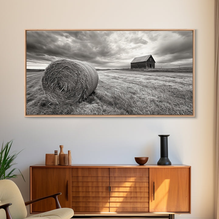 Barn Field, Hay Bale, Rural Farmland Scene, Autumn Countryside Art, Canvas Print, Farmhouse Wall Decor, Rustic Fall Living Room Art