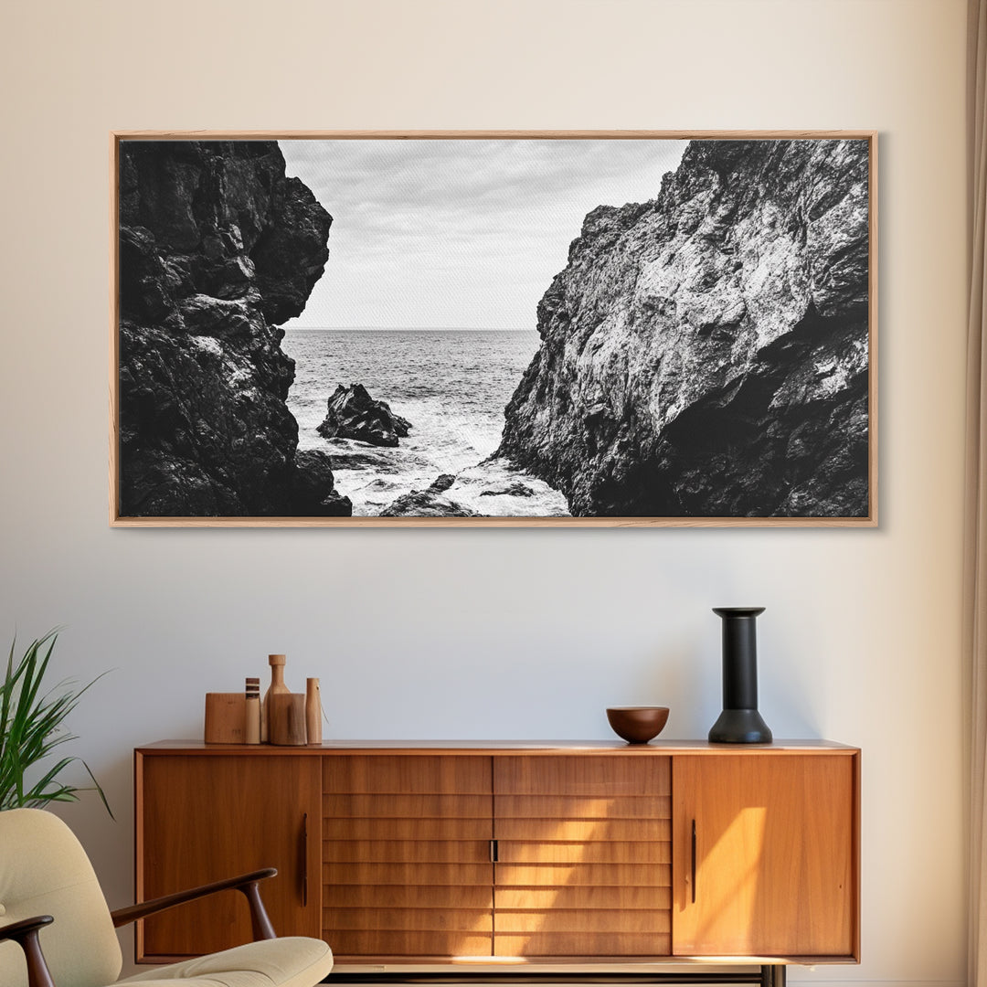 Rocky Coast View, Ocean Cliffs Art, Coastal Wilderness, Monochrome Seascape, Canvas Print, Bathroom Wall Art, Rustic Minimalist Style