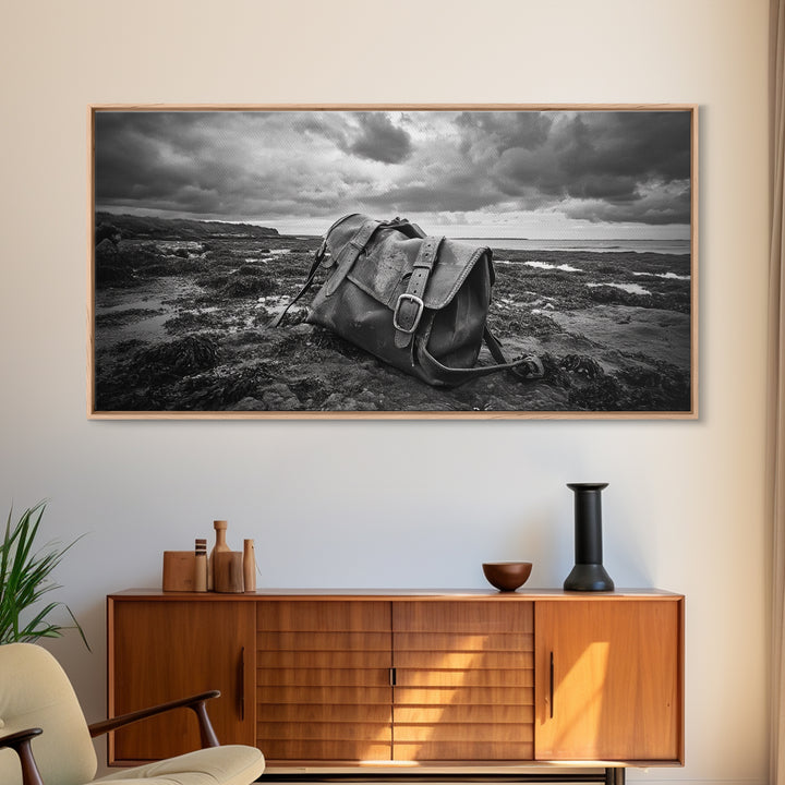 Abandoned Satchel, Coastal Mystery Art, Lost and Found Decor, Moody Beach Scene, Canvas Print, Study Wall Art, Nautical Rustic Aesthetic
