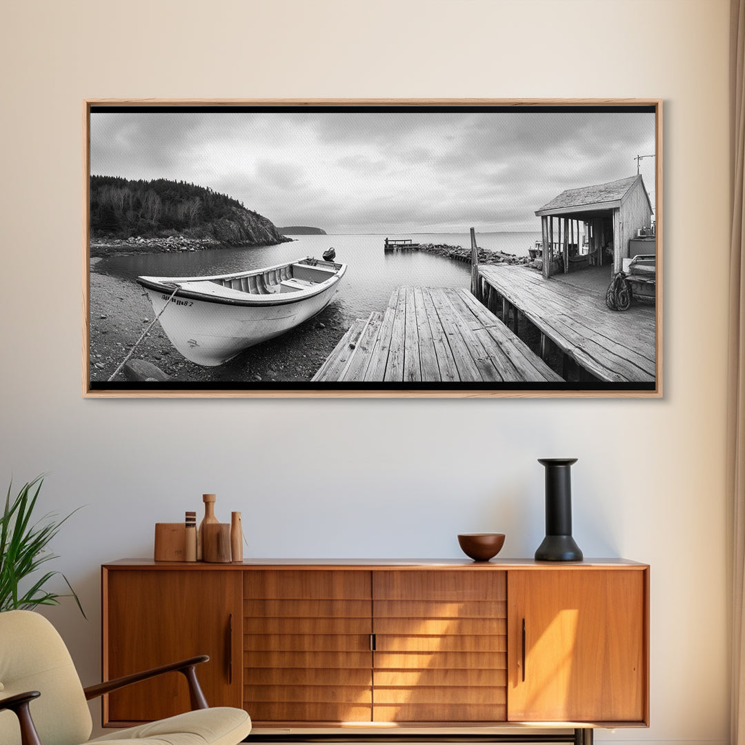 Rowboat Dock, Harbor Scene, Calm Waters, Quiet Morning, Framed Canvas Print, Lakeside Cabin Wall Art, Rustic Nautical Decor, Cabin Decor