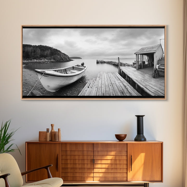 Rowboat Dock, Harbor Scene, Calm Waters, Quiet Morning, Framed Canvas Print, Lakeside Cabin Wall Art, Rustic Nautical Decor, Cabin Decor