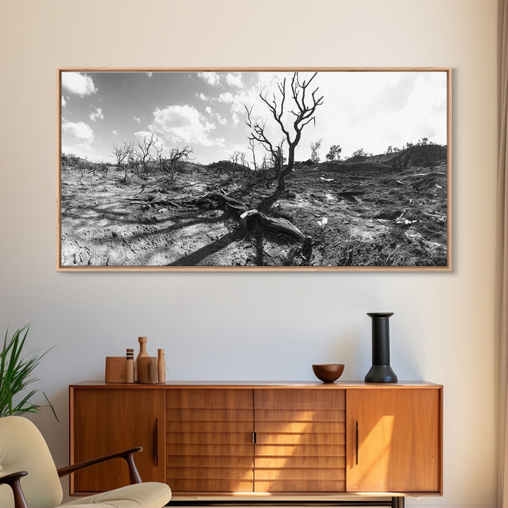 Barren Tree Landscape, Post Fire Terrain, Dystopian Forest Scene, Survival Mood, Canvas Print, Office Wall Art, Dark Nature Decor