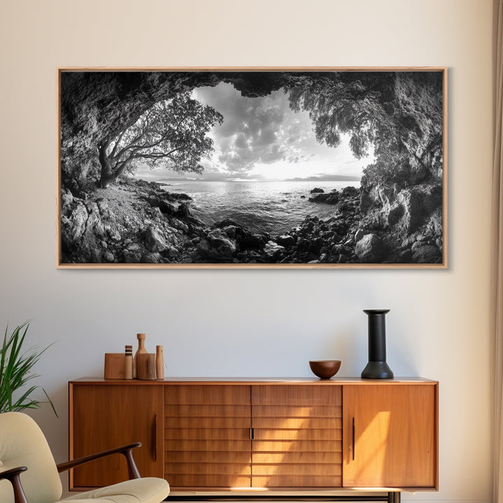 Ocean Cave View, Coastal Tree Framing, Tranquil Sea Scene, Nature Window Art, Framed Canvas Print, Bedroom Wall Art, Zen Decor