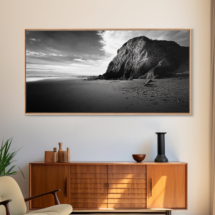 Coastal Rock Cliff, Dramatic Shore Scene, Sunset Beach Landscape, Nature Power Mood, Canvas Print, Office Wall Art, Modern Rustic Decor