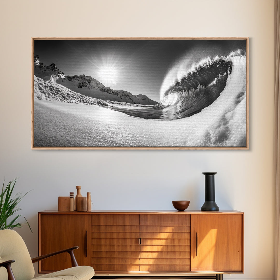 Arctic Wave Motion, Snowy Surf Curl, Mountain Sun Scene, Nature Energy Art, Canvas Print, Living Room Wall Art, Winter Adventure Decor