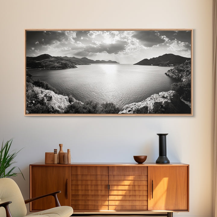 Ocean Sunset View, Mountain Coast Landscape, Black and White Art, Canvas Print, Minimalist Decor, Living Room Wall Art, Tranquil Home Style