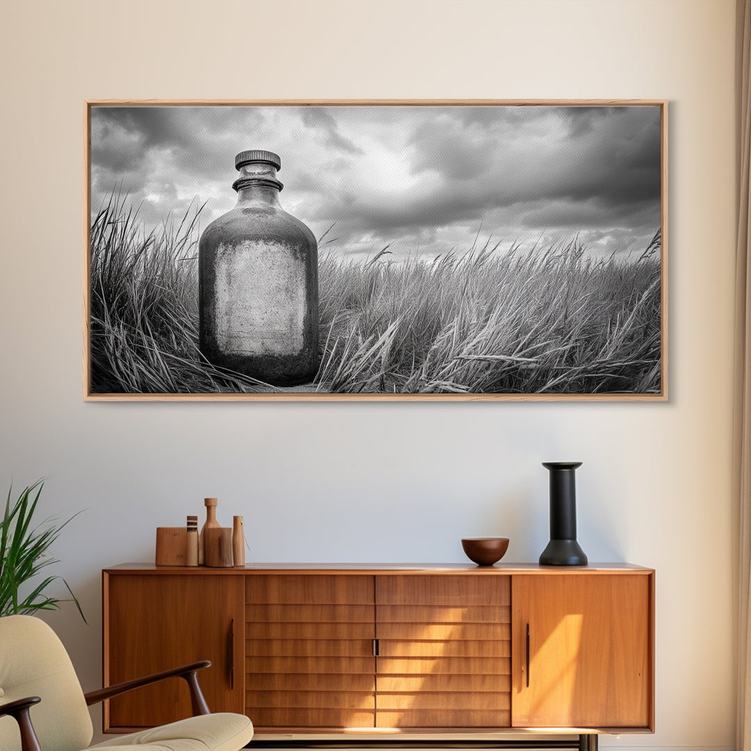Antique Bottle Field, Rustic Outdoor Scene, Black and White Photography, Framed Canvas Print, Farmhouse Wall Art, Entryway Decor
