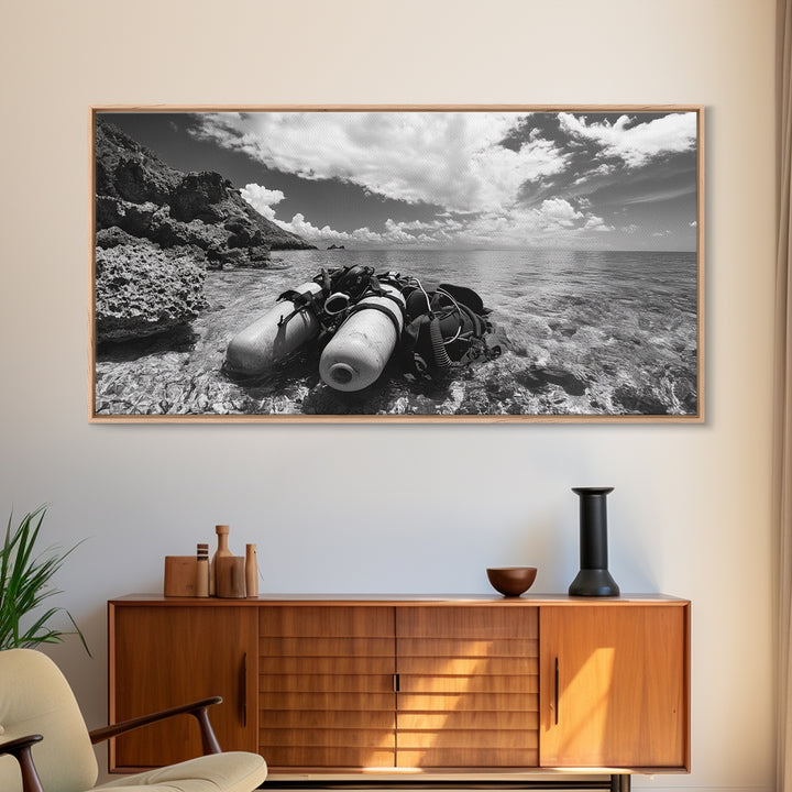 Dive Gear Shoreline, Ocean Exploration Scene, Black and White Adventure Art, Canvas Print, Nautical Decor, Man Cave Wall Art, Nautical Wall Art