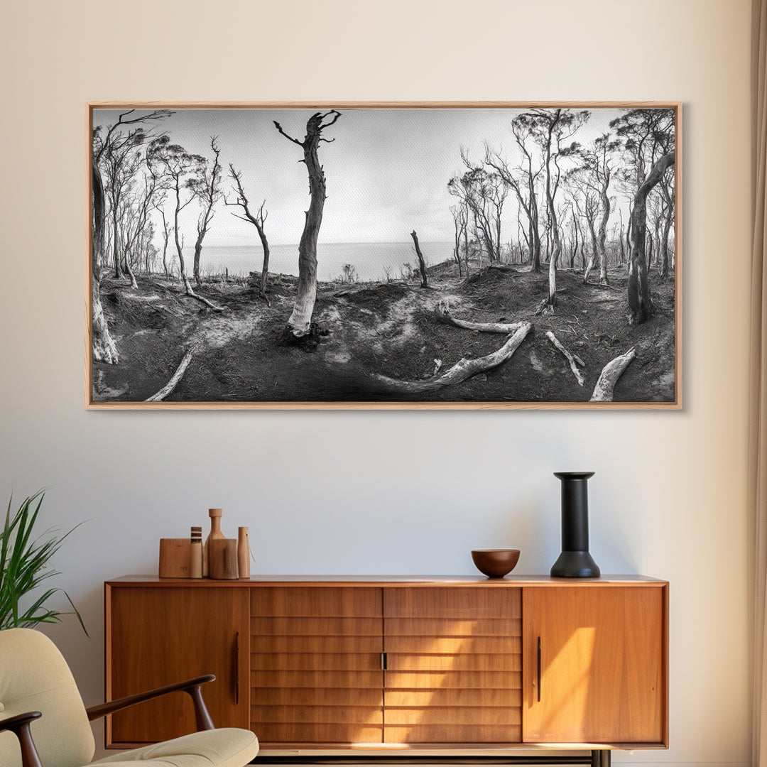 Burnt Forest, Moody Trees, Coastal Landscape, Nature Scene, Framed Canvas Print, Rustic Wall Art, Boho Decor, Fall Home Aesthetic