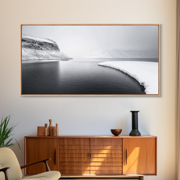 Arctic Coastline Silence, Minimal Snow Scene, Monochrome Nature Landscape, Framed Canvas Print, Scandinavian Wall Art, Office Calm Decor