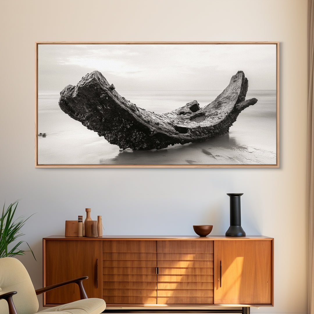 Coastal Shipwreck, Moody Beach, Driftwood Aesthetic, Minimalist Seascape, Canvas Print, Nautical Wall Art, Bathroom Decor, Ocean Art