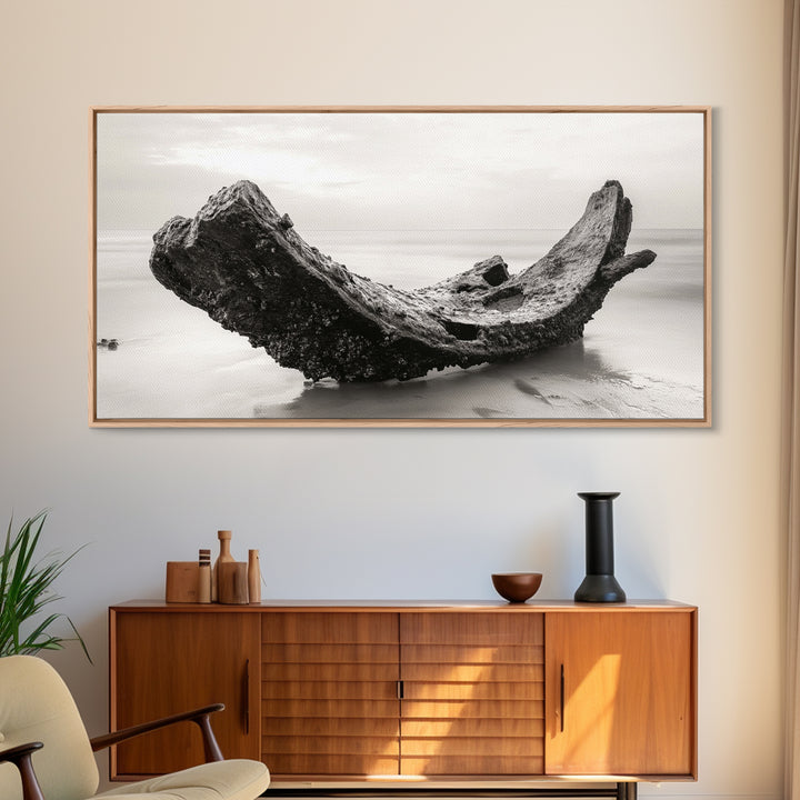 Coastal Shipwreck, Moody Beach, Driftwood Aesthetic, Minimalist Seascape, Canvas Print, Nautical Wall Art, Bathroom Decor, Ocean Art