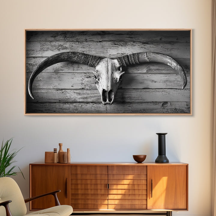 Bull Skull, Rustic Horns, Western Cabin Decor, Weathered Wood, Framed Canvas Print, Farmhouse Wall Art, Cowboy Office Decor, Rustic Wall Art