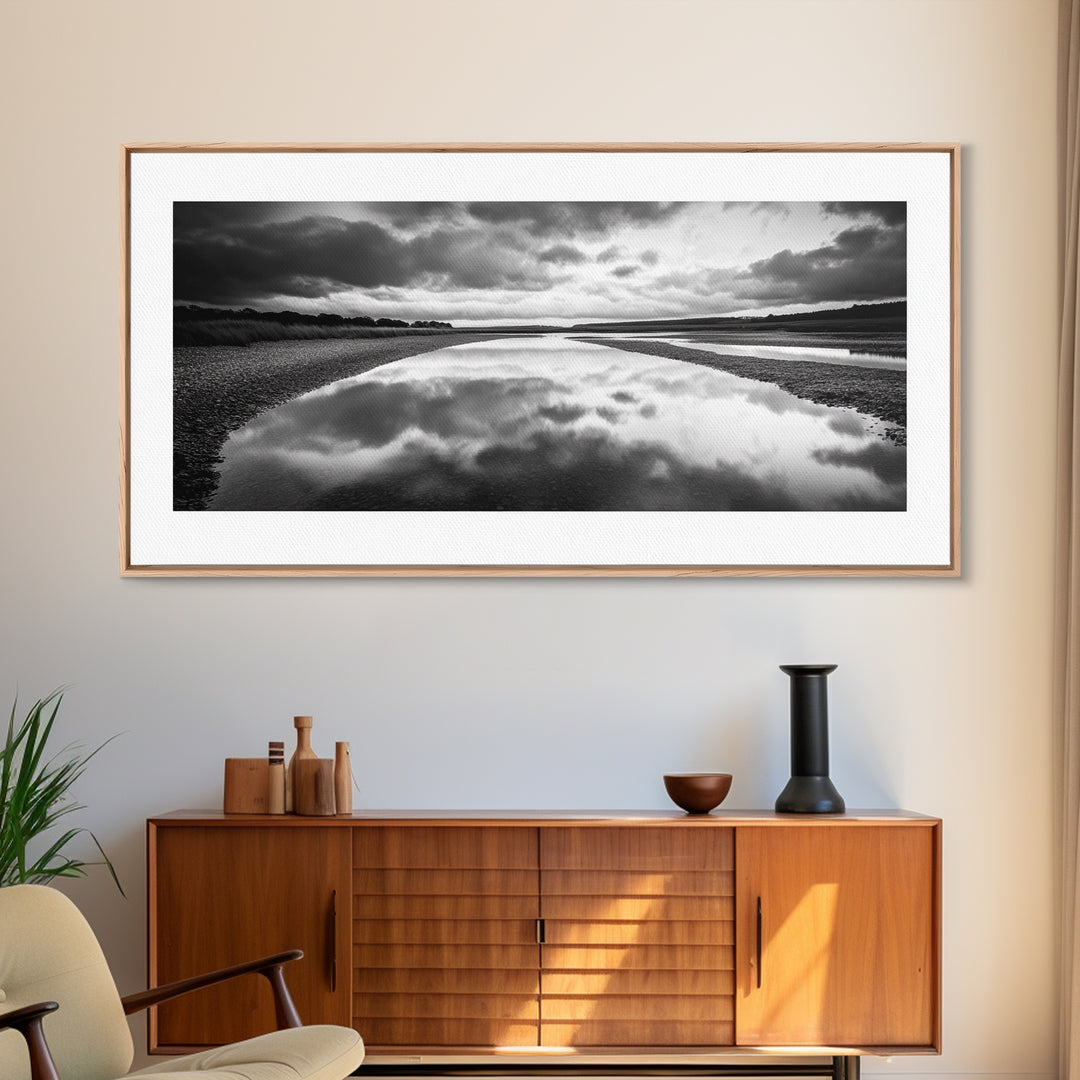 River Reflection, Cloudy Sky, Calm Nature Path, Modern Monochrome, Framed Canvas Print, Bedroom Wall Art, Minimalist Landscape Art