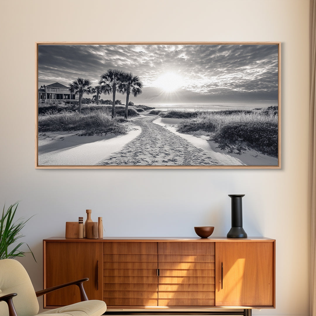 Beach Path Sunrise, Coastal Home, Nature Photography, Framed Canvas Print, Entryway Art, Coastal Grandmillennial Decor, Morning Light Scene