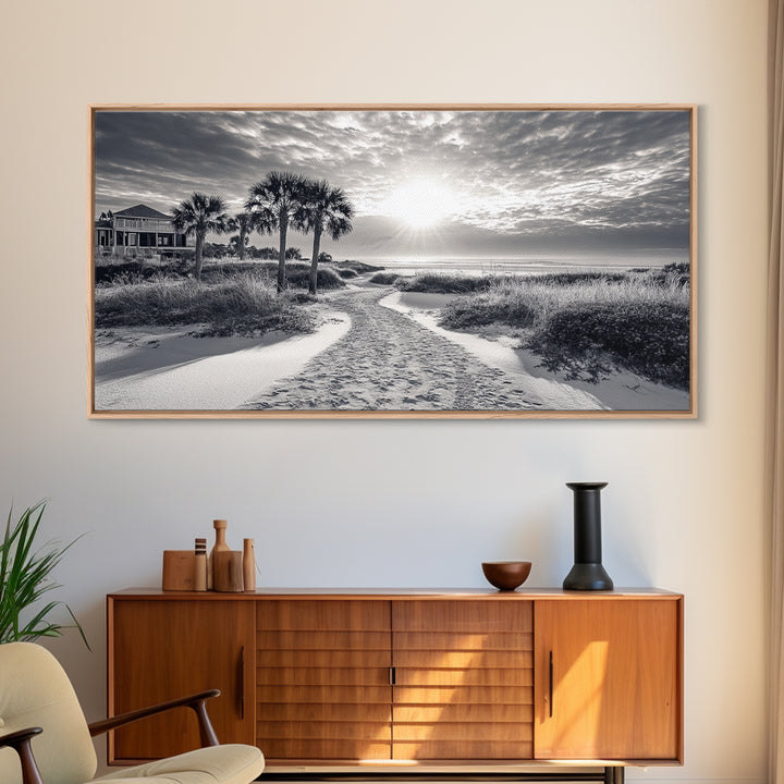 Beach Path Sunrise, Coastal Home, Nature Photography, Framed Canvas Print, Entryway Art, Coastal Grandmillennial Decor, Morning Light Scene