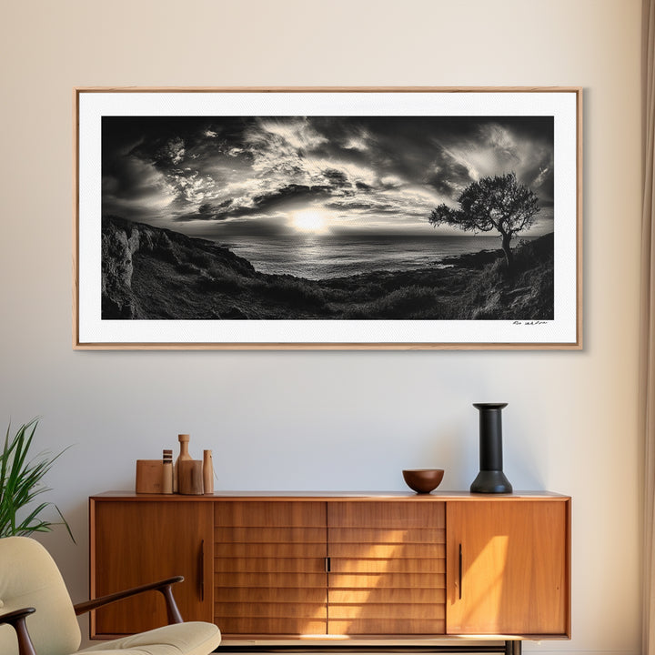 Dramatic Ocean Sunset, Coastal Tree, Monochrome Landscape, Canvas Print, Living Room Wall Art, Surreal Nature View, Oceanview Print