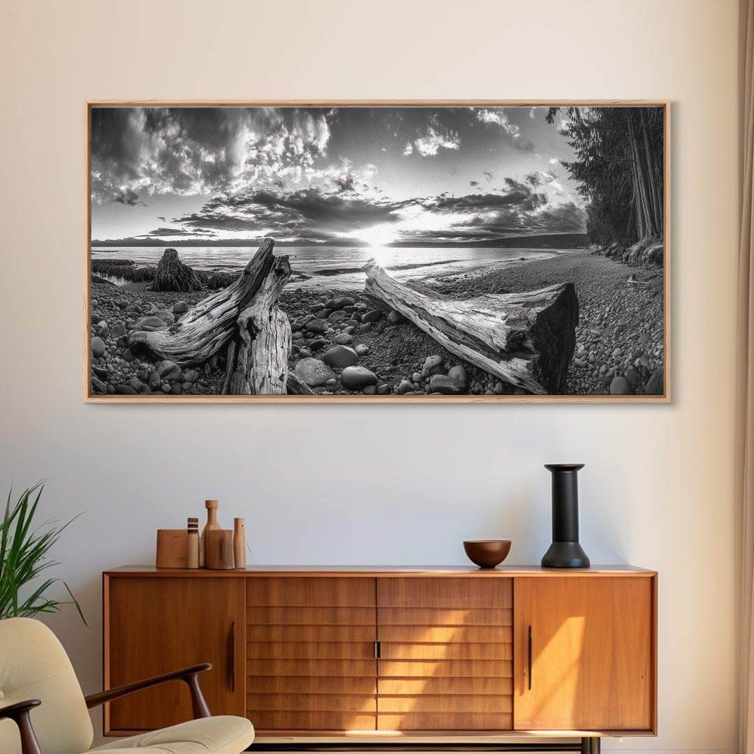 Driftwood Coastline, Rocky Beach Sunset, Nature Wall Art, Framed Canvas Print, Rustic Lake House Decor, Fall Coastal Aesthetic