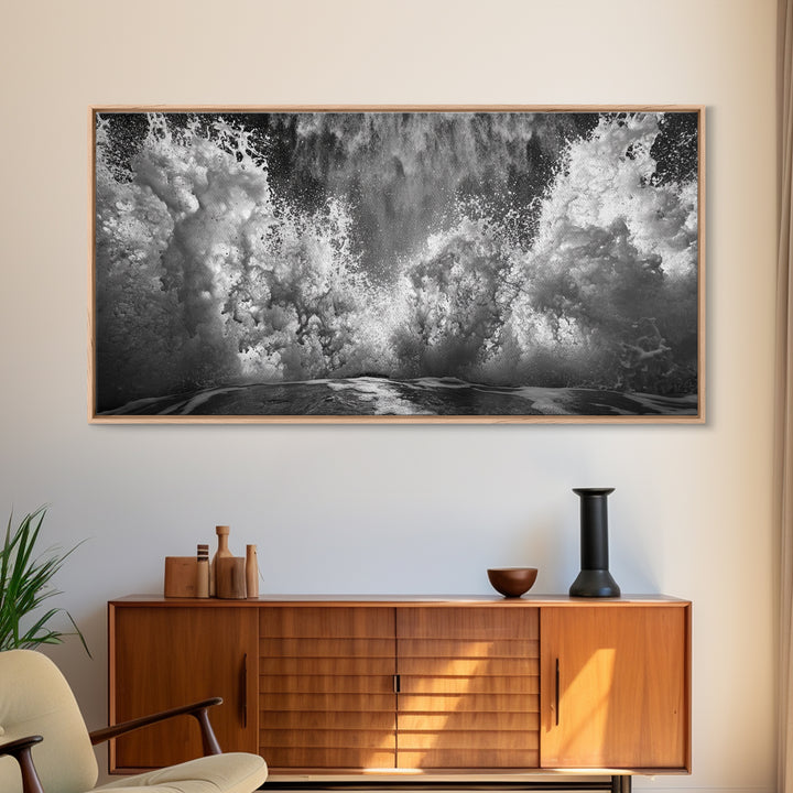 Ocean Splash, Sea Foam, Abstract Water, Coastal Waves, Framed Canvas Print, bathroom wall art, modern ocean photography, moody water art