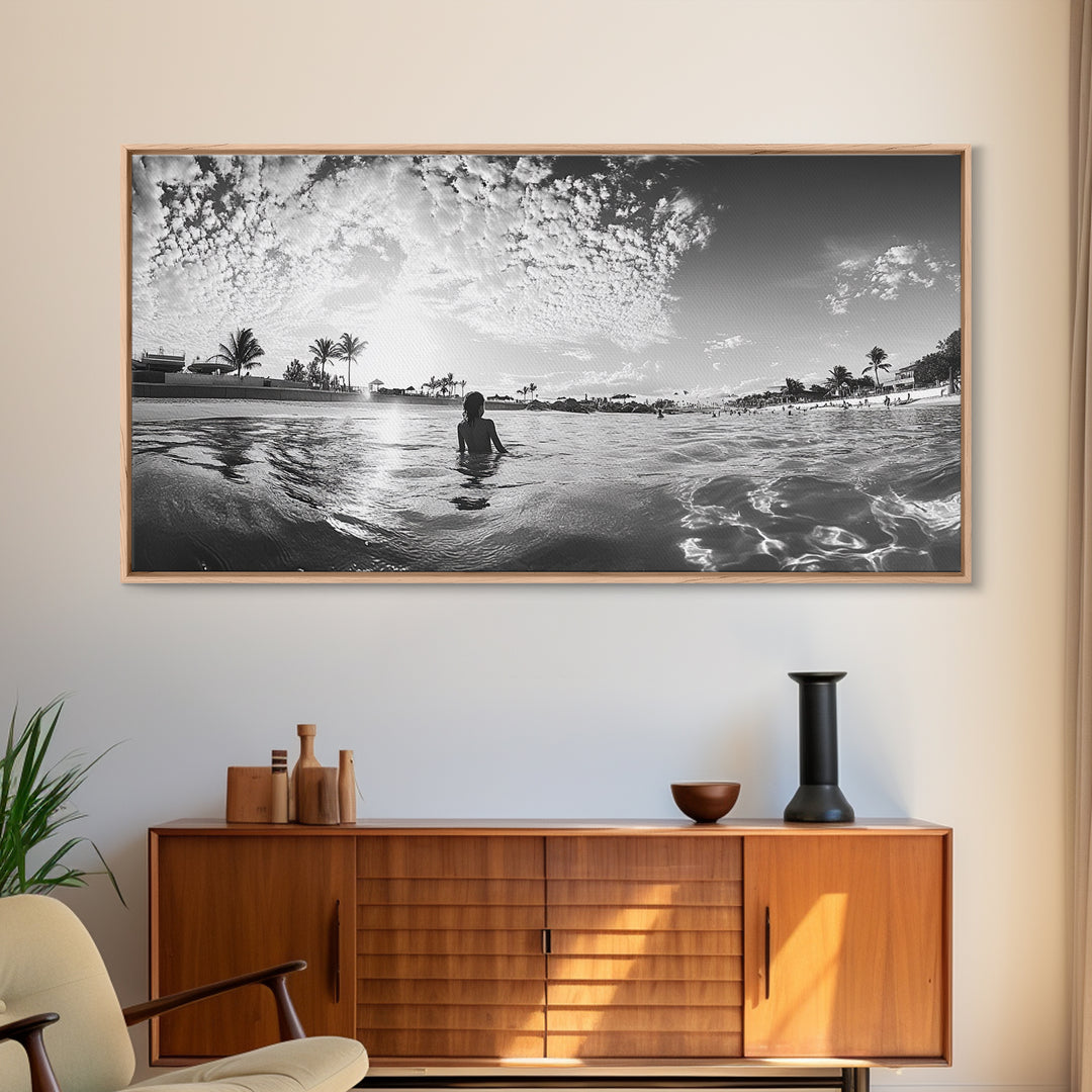 Beach Day, Ocean Kids, Sunny Horizon, Coastal Life, Framed Canvas Print, summer nursery wall art, cheerful beach print, family beach art