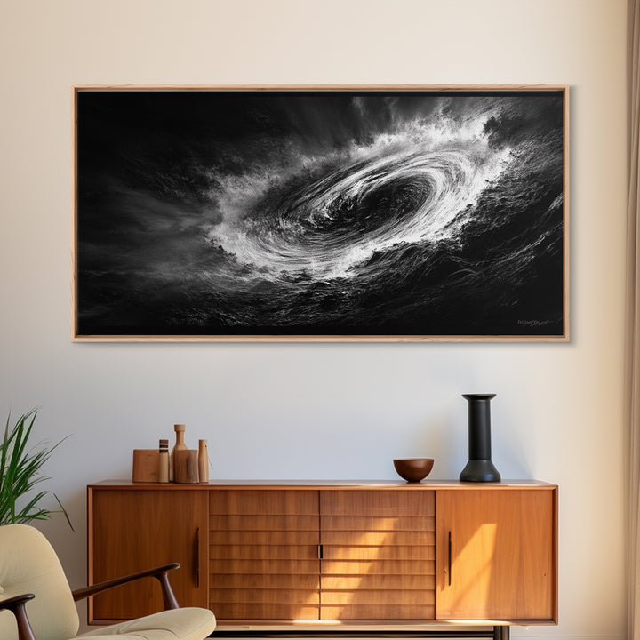 Ocean Vortex, Dramatic Waves, Sea Swirl, Storm Art, Framed Canvas Print, dark abstract art, gaming room decor, black and white power art