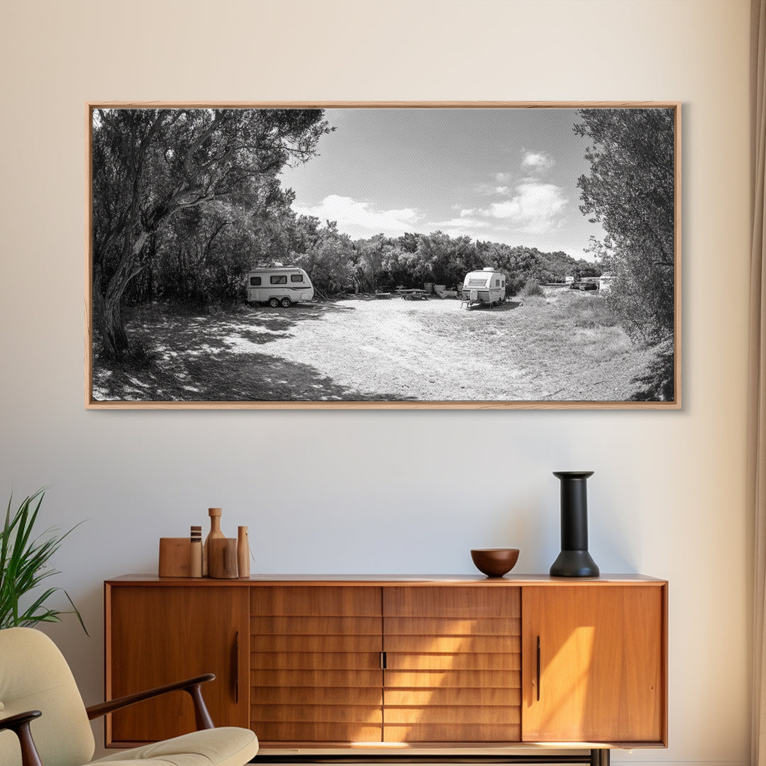 Camper Vans, Nature Escape, Forest Glamping, Sunny Grove, Canvas Print, Rustic Wall Art, Adventure Lover Gift, Living Room Decor