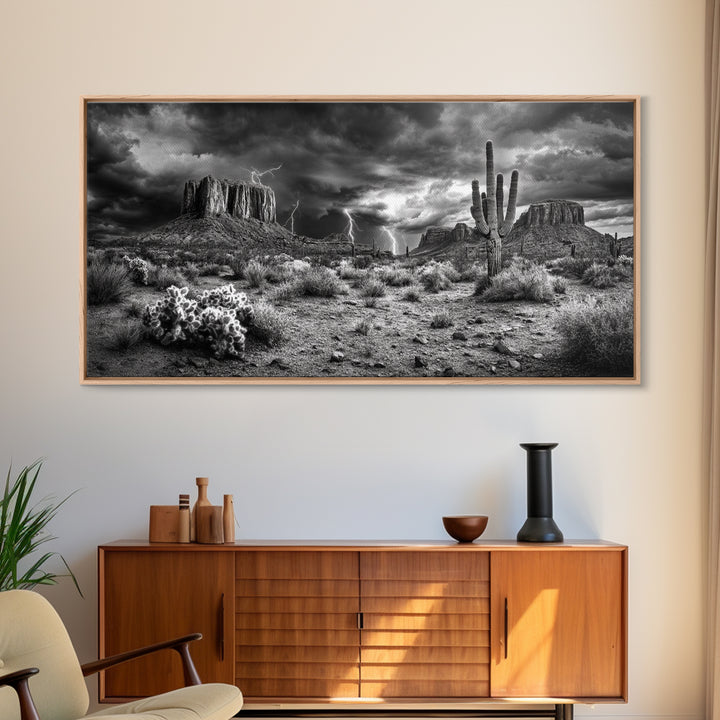 Desert Storm Scene, Lightning Landscape, Southwest Art, Dramatic Skies, Framed Canvas Print, Western Wall Art, Rustic Living Room Decor