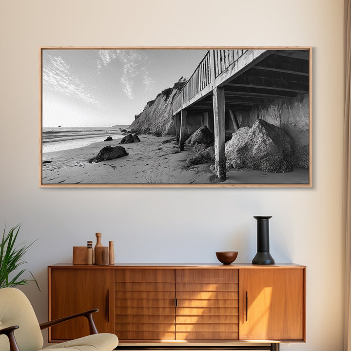 Coastal Cliff View, Seaside Escape, Beachside Structure, Framed Canvas Print, Rustic Wall Art, Modern Coastal Living Room Decor
