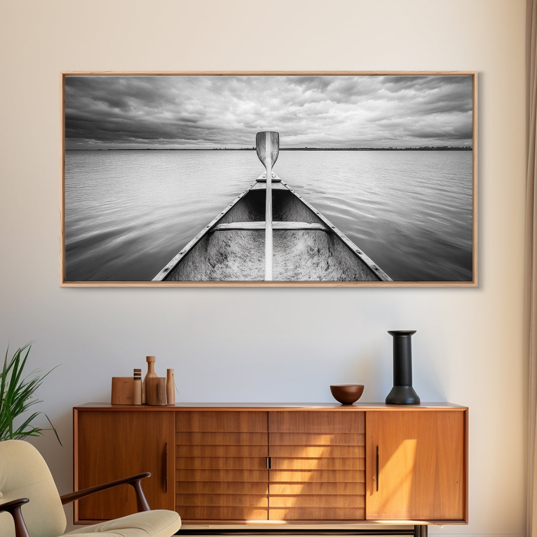 Canoe Lake, Adventure Paddle, Calm Waters, Cloudy Sky, Framed Canvas Print, Minimalist Art, Office Wall Decor, Nature Lover Style